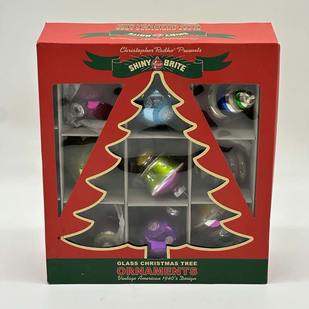 Set of 9 Christopher Radko Shiny Brite Glitter Shapes Glass Christmas Ornaments